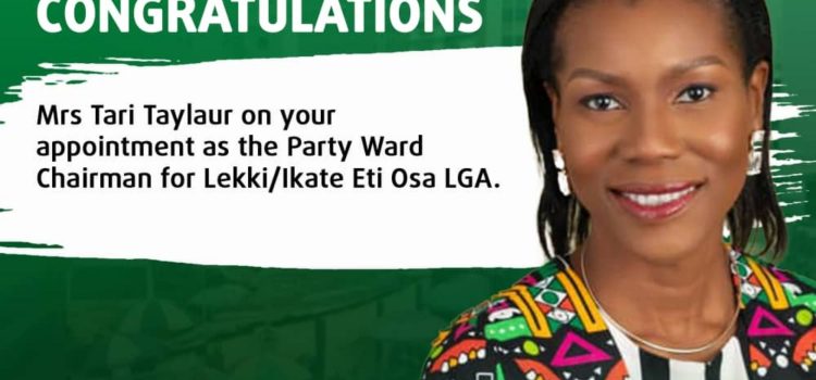 YOUTH PARTY Congratulates Mrs. Tari Taylaur on her appointment as Ward Chair for Lekki/Ikate, Eti-Osa LGA